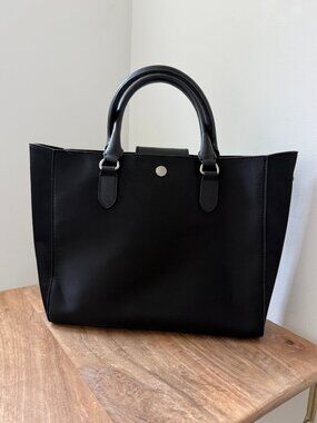 RUDSAK Black Sateen Nylon & Leather Trim Top Handle Tote Bag Work Briefcase